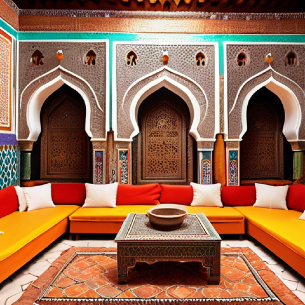 **

A vibrant, intricately decorated Moroccan home interior with bright colors and complex patterns. Focus on capturing the unique cultural elements of Moroccan design.

**