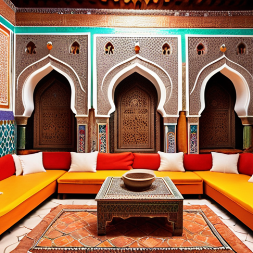 Home 4 **
A vibrant, intricately decorated Moroccan home interior with bright colors and complex patterns. Focus on capturing the unique cultural elements of Moroccan design.
**
