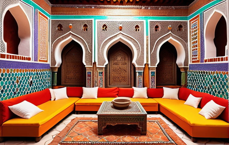 **
A vibrant, intricately decorated Moroccan home interior with bright colors and complex patterns. Focus on capturing the unique cultural elements of Moroccan design.
**